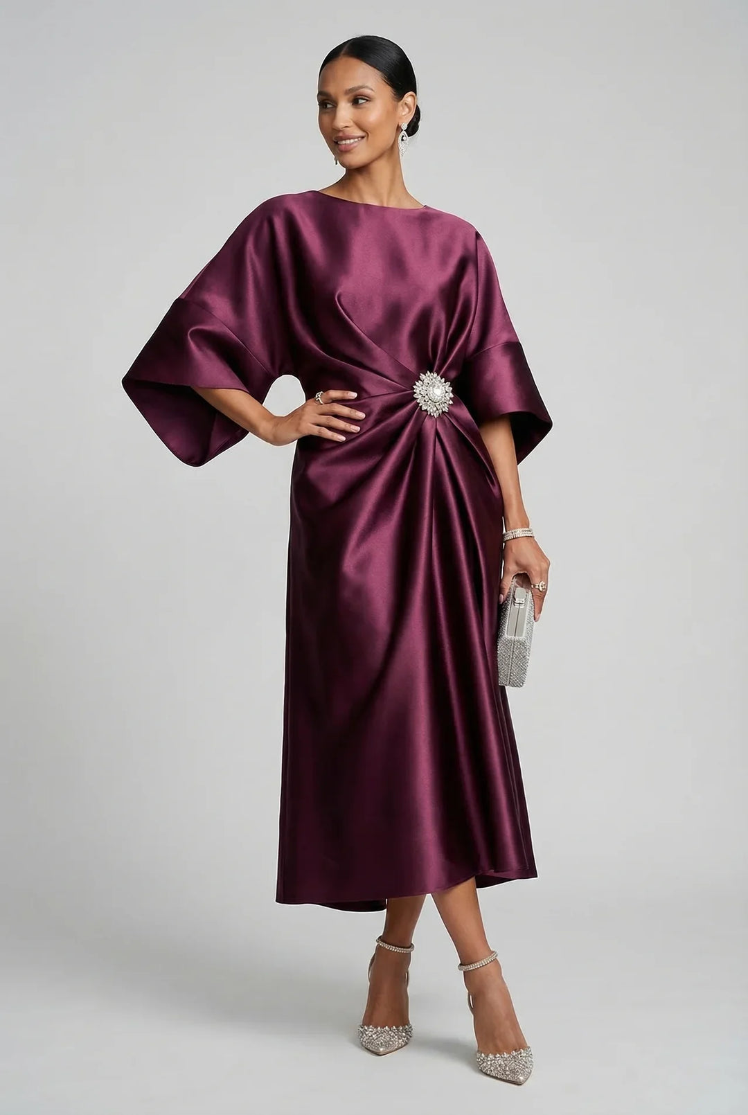 Women's Formal Elegant Midi Wedding Guest Dress with Boat Neck