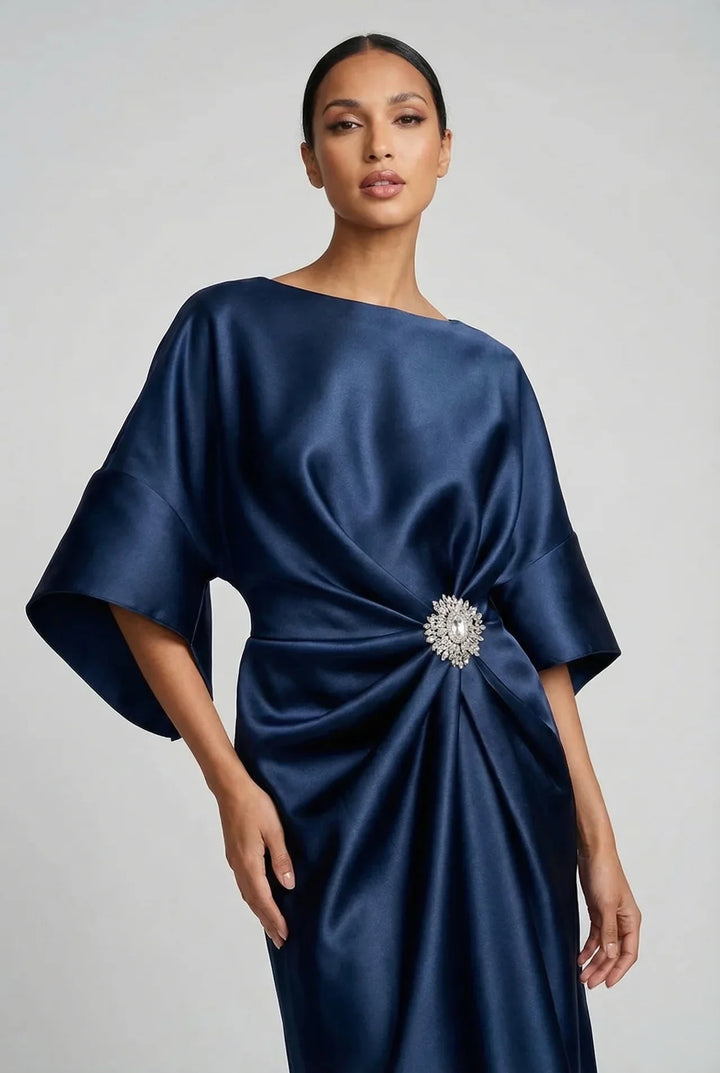 Women's Formal Elegant Midi Wedding Guest Dress with Boat Neck