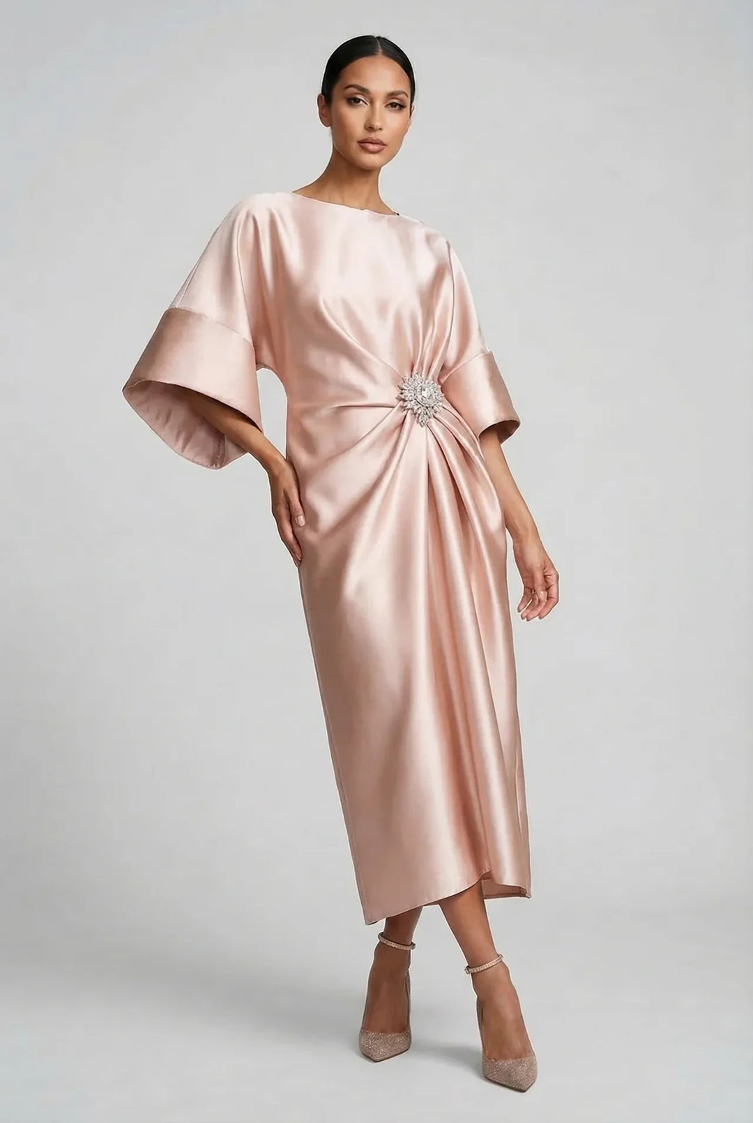 Women's Formal Elegant Midi Wedding Guest Dress with Boat Neck