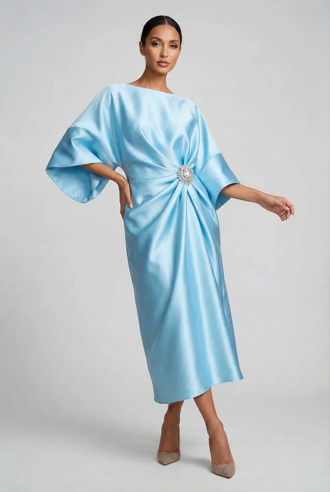 Women's Formal Elegant Midi Wedding Guest Dress with Boat Neck