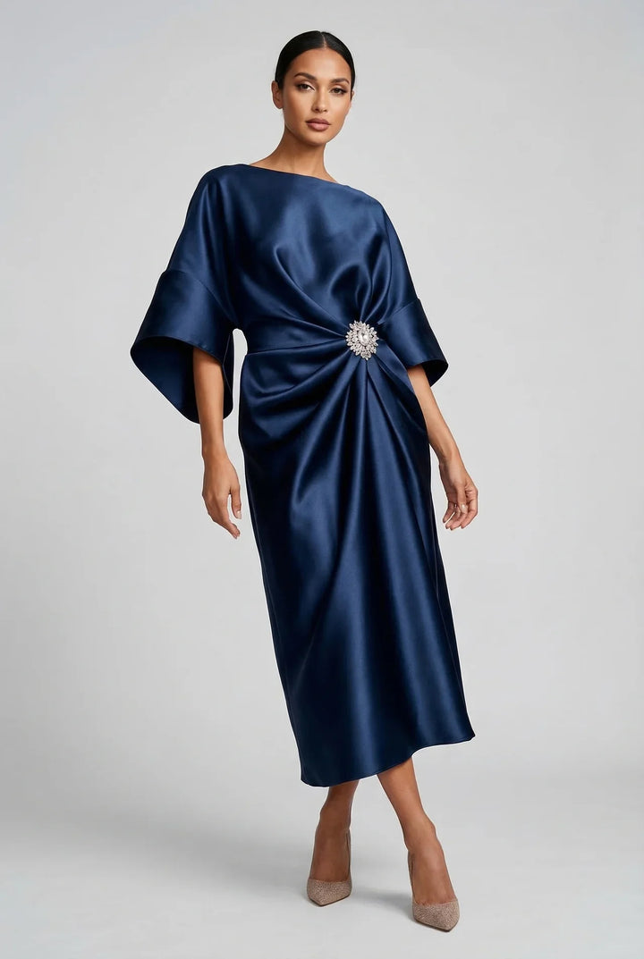 Women's Formal Elegant Midi Wedding Guest Dress with Boat Neck
