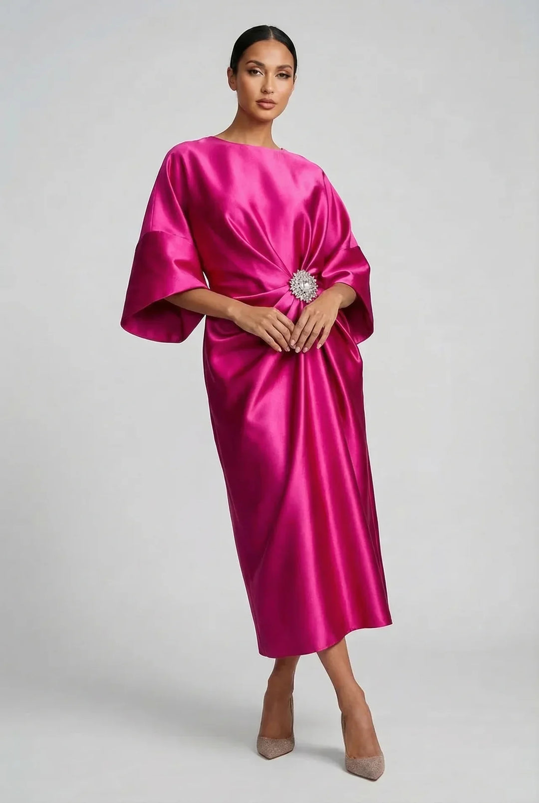 Women's Formal Elegant Midi Wedding Guest Dress with Boat Neck
