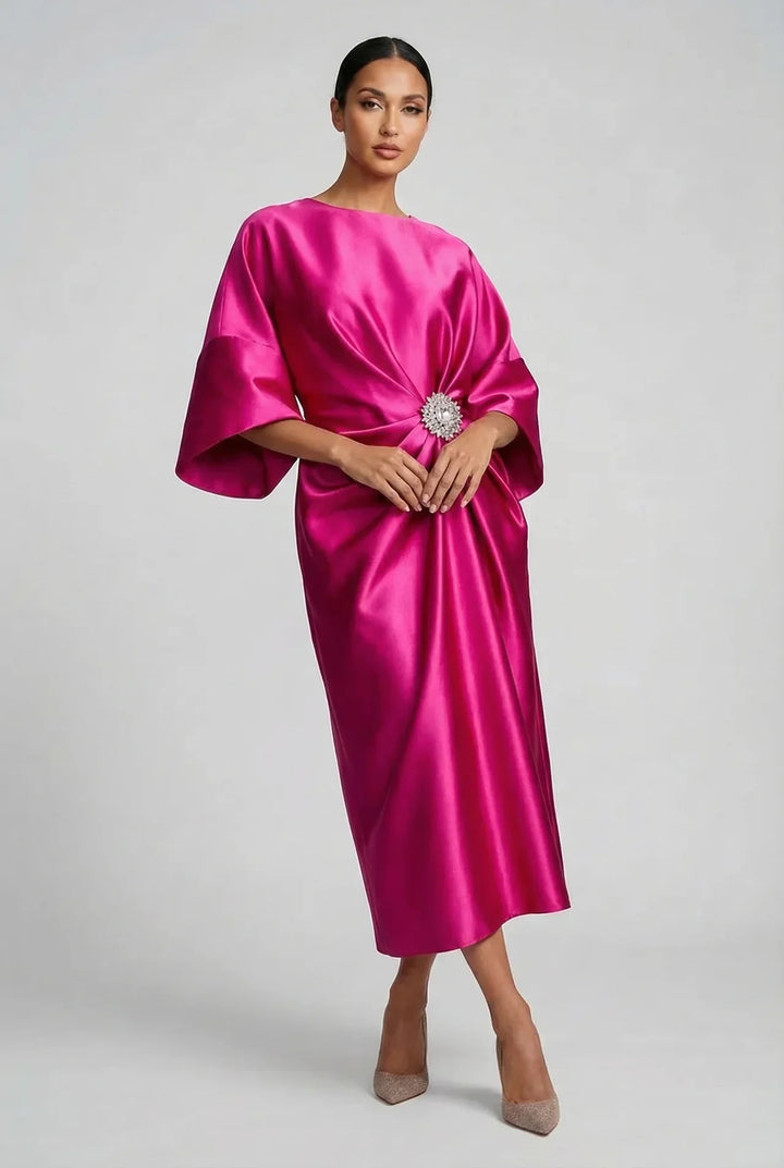 Women's Formal Elegant Midi Wedding Guest Dress with Boat Neck