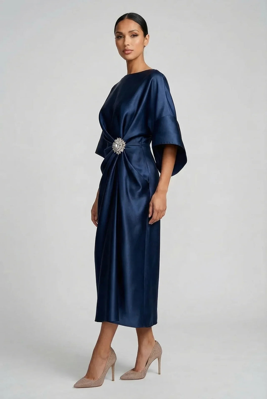Women's Formal Elegant Midi Wedding Guest Dress with Boat Neck