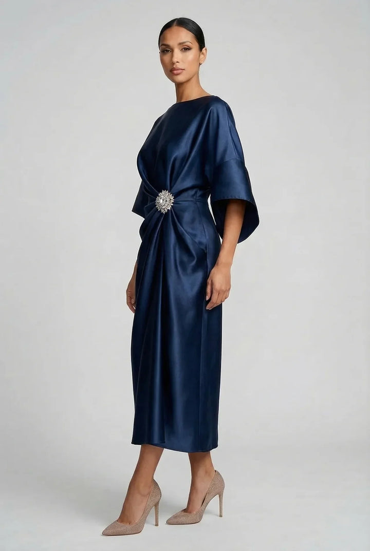 Women's Formal Elegant Midi Wedding Guest Dress with Boat Neck
