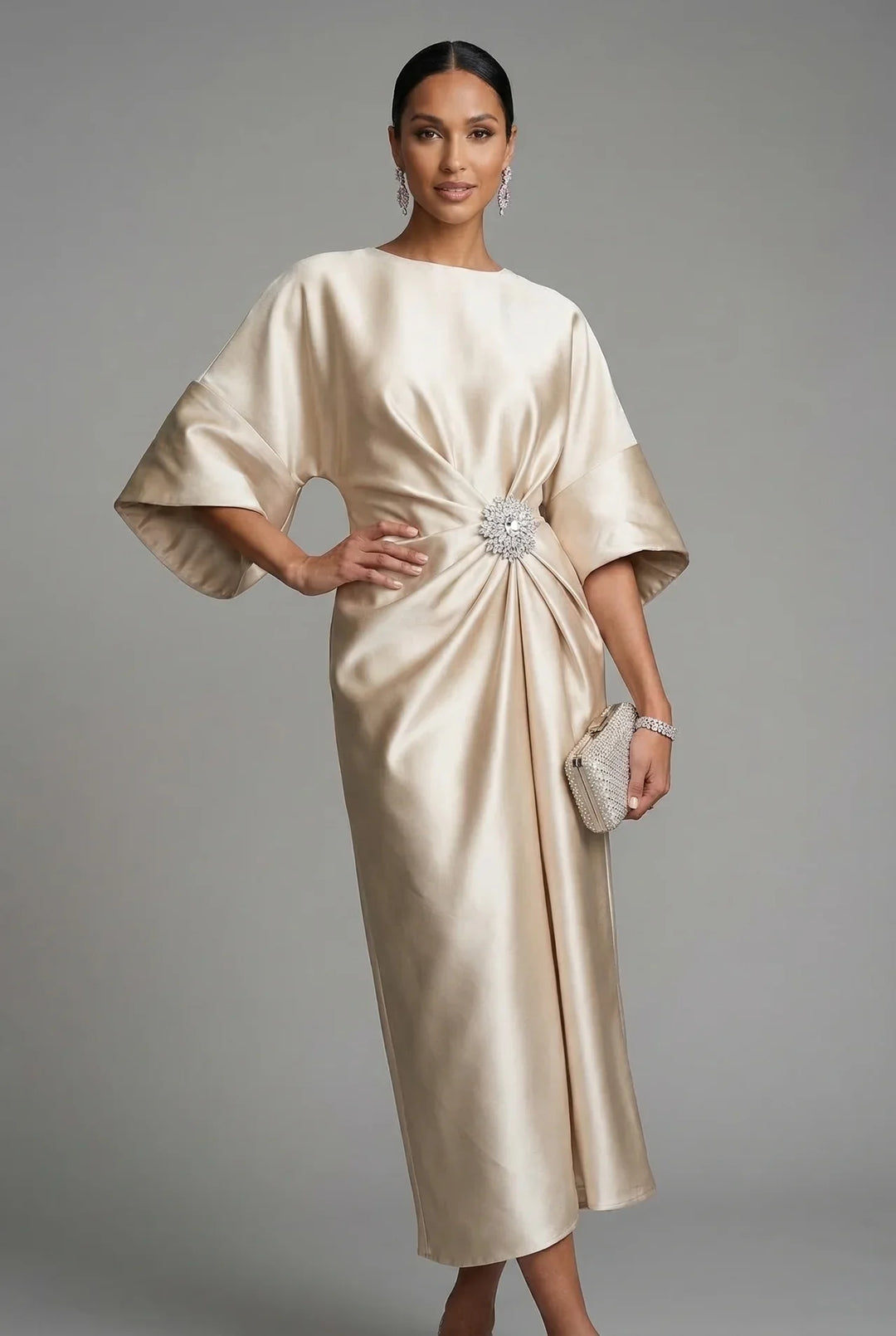 Women's Formal Elegant Midi Wedding Guest Dress with Boat Neck
