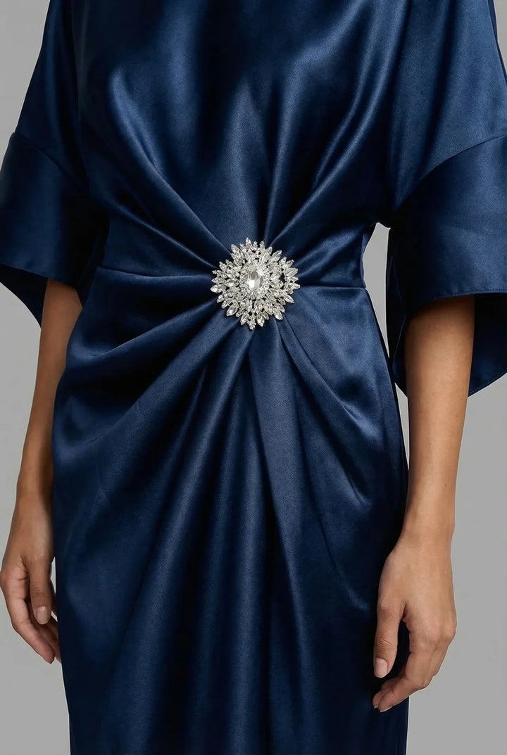 Women's Formal Elegant Midi Wedding Guest Dress with Boat Neck