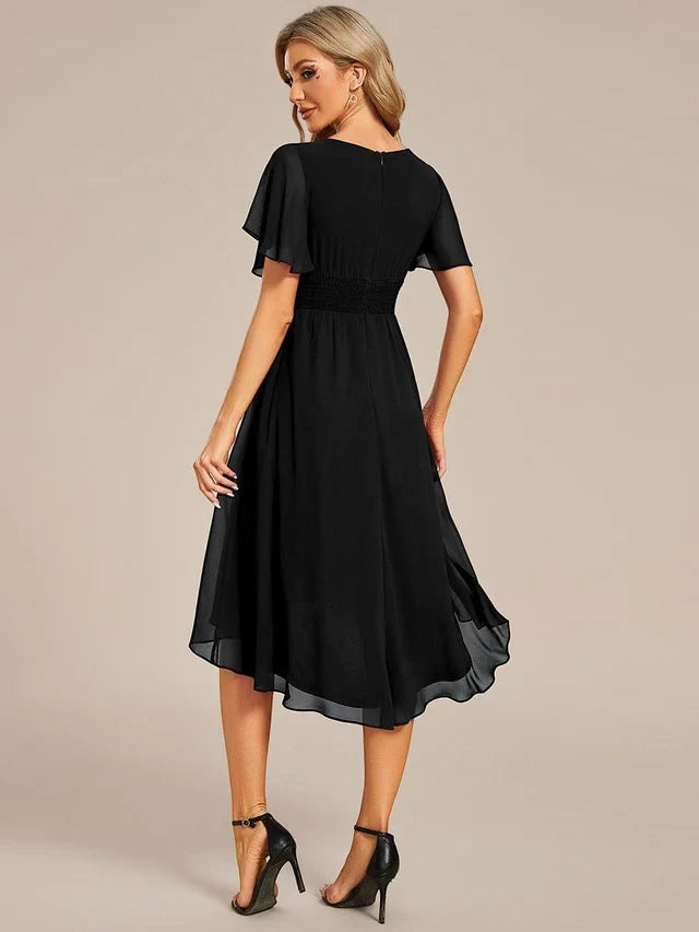 Women's Elegant Flowy Midi Wedding Guest Dress with Flutter Sleeves