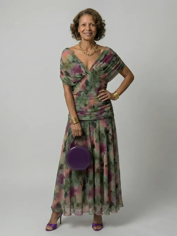 Women's Floral Flowy Maxi Wedding Guest Dress with Ruched Bodice