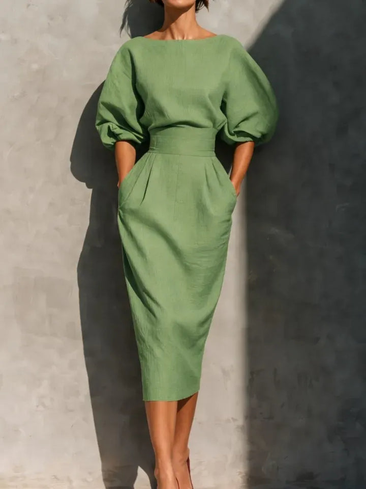 Women's Elegant Pleated Midi Wedding Guest Dresses with Lantern Sleeve