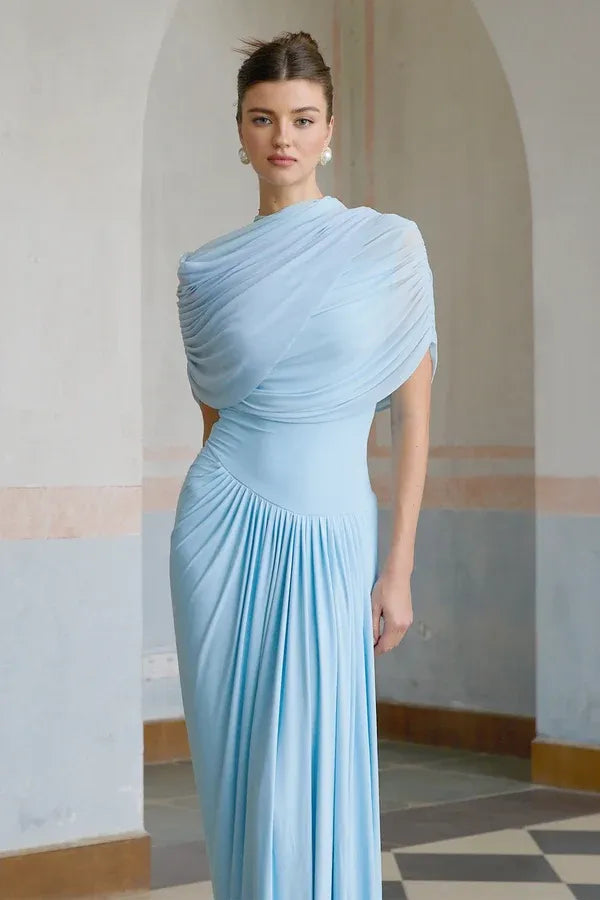 Women's Formal Pleated Maxi Wedding Guest Dress with Ruched Details