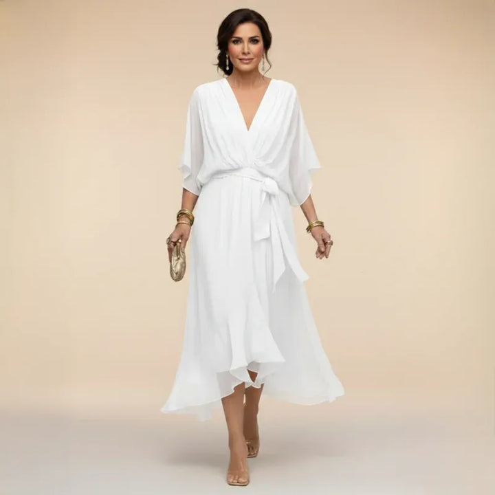 Women's Elegant Flowy Midi  Wedding Guest Dress with Ruched