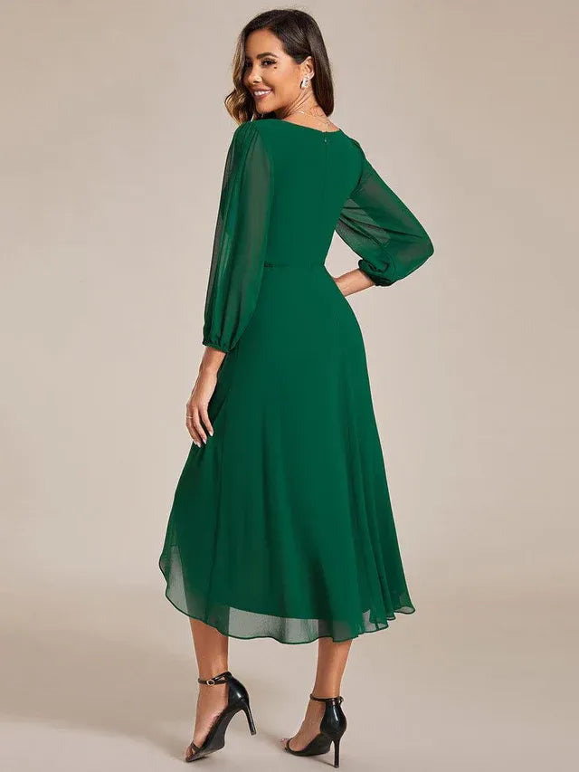 Women's Elegant Long Sleeve Wedding Guest Dress with V-Neck