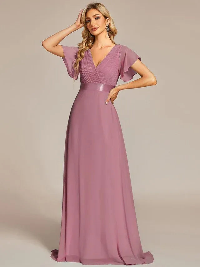 Women's Elegant Flowy Maxi Wedding Guest Dress with Flutter Sleeve