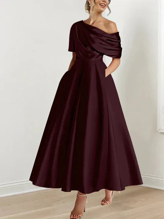 Women's Elegant A-Line Maxi Wedding Guest Dress with One Shoulder