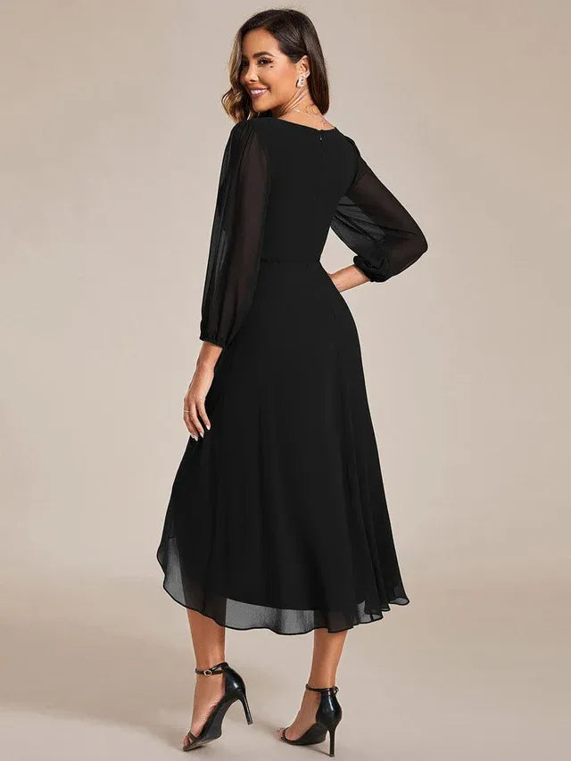 Women's Elegant Long Sleeve Wedding Guest Dress with V-Neck
