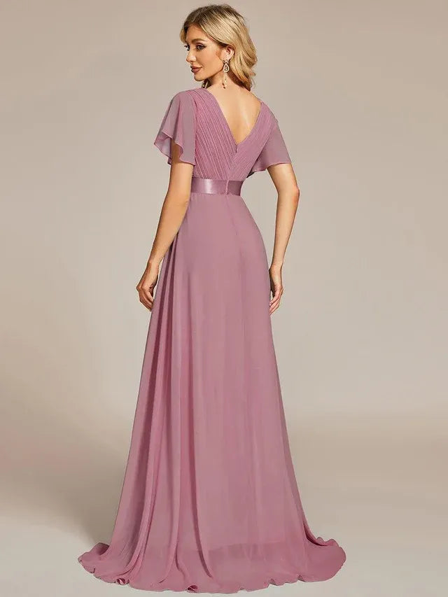 Women's Elegant Flowy Maxi Wedding Guest Dress with Flutter Sleeve