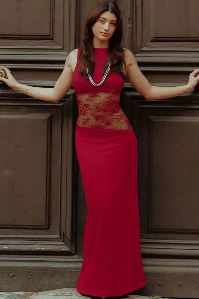 Women's Formal Lace Maxi Wedding Guest Dress with Open Back