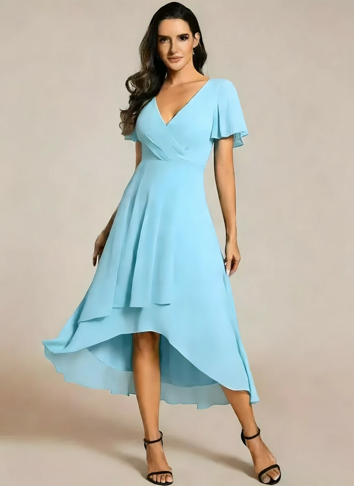 Women's Elegant Flowy Wedding Guest Dress with Flutter Sleeves