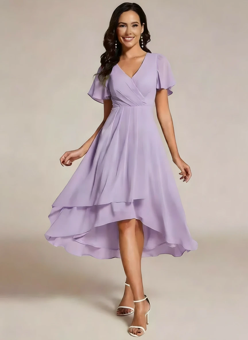 Women's Elegant Flowy Wedding Guest Dress with Flutter Sleeves