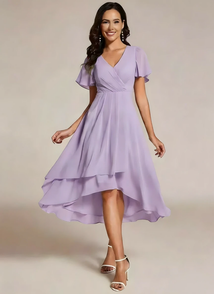 Women's Elegant Flowy Wedding Guest Dress with Flutter Sleeves