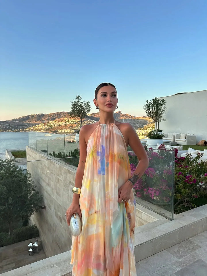 Women's Backless Flowy Maxi Wedding Guest Dress with Halter Neck