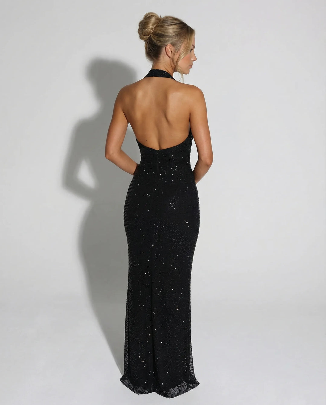 Women's Bodycon Sequin Maxi Cocktail Dress with Halter V-Neck