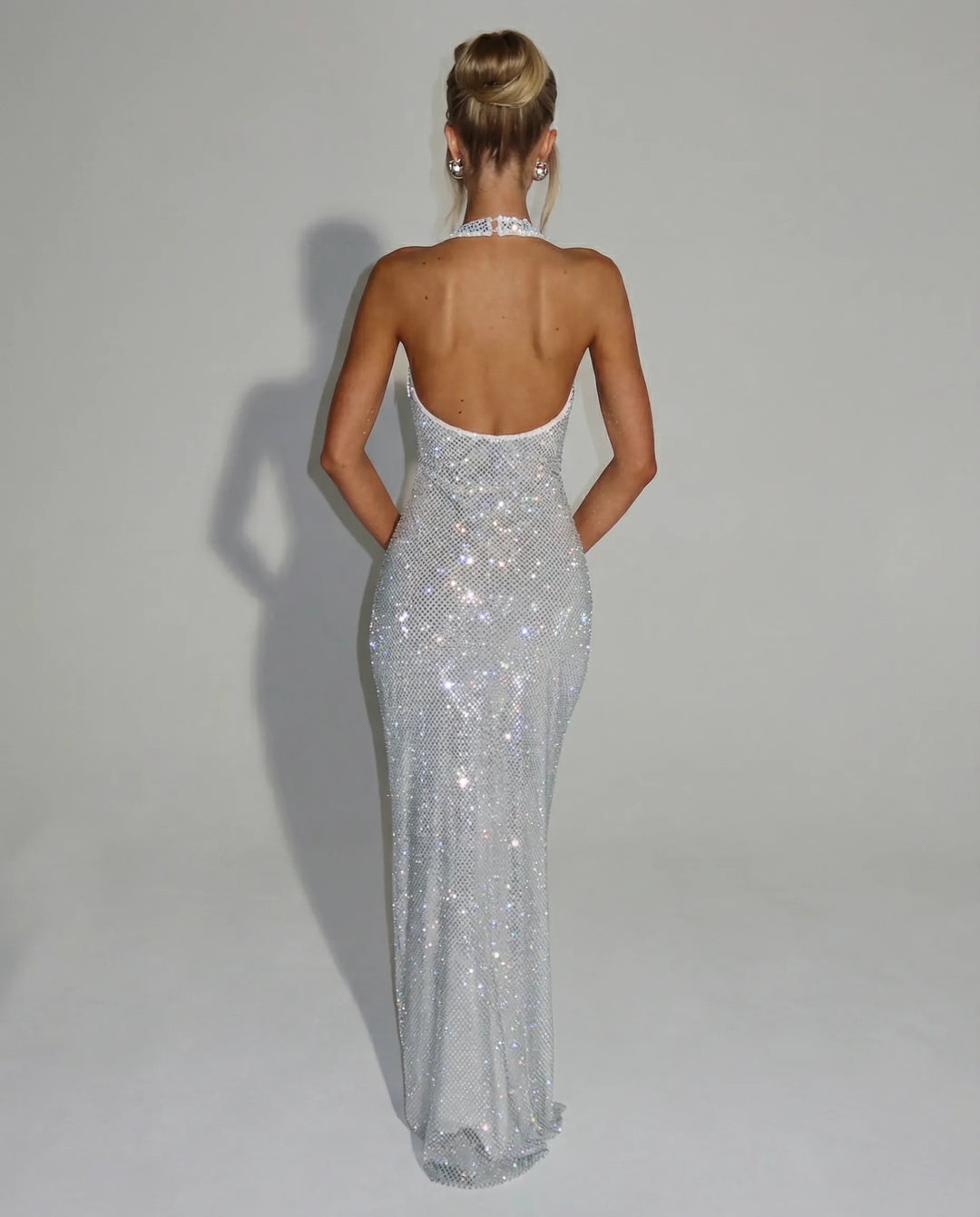 Women's Bodycon Sequin Maxi Cocktail Dress with Halter V-Neck