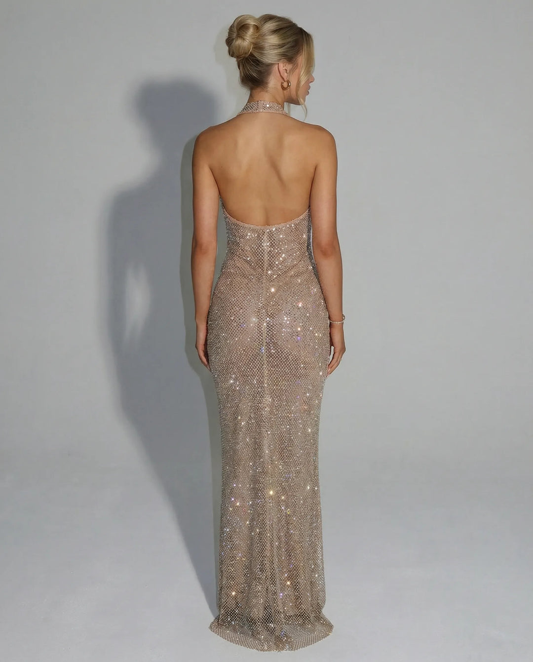 Women's Bodycon Sequin Maxi Cocktail Dress with Halter V-Neck