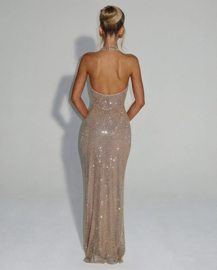 Women's Bodycon Sequin Maxi Cocktail Dress with Halter V-Neck
