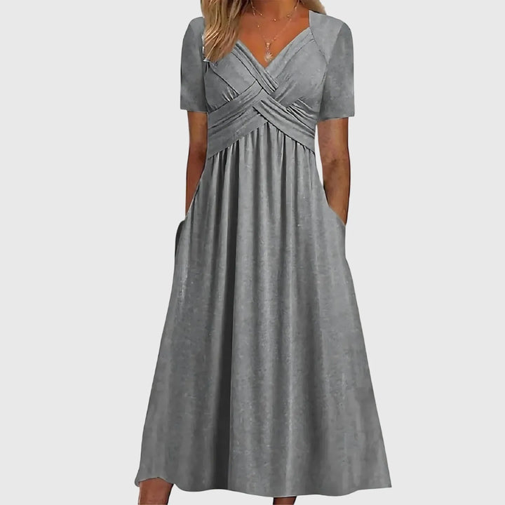 Women's Casual Flowy Midi Wedding Guest Dresses with V-Neck