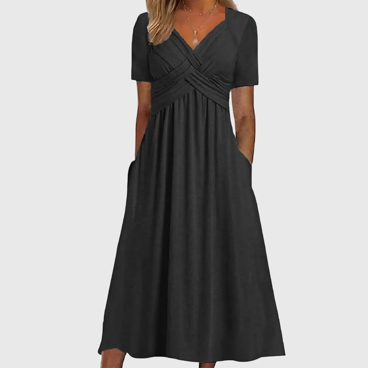 Women's Casual Flowy Midi Wedding Guest Dresses with V-Neck