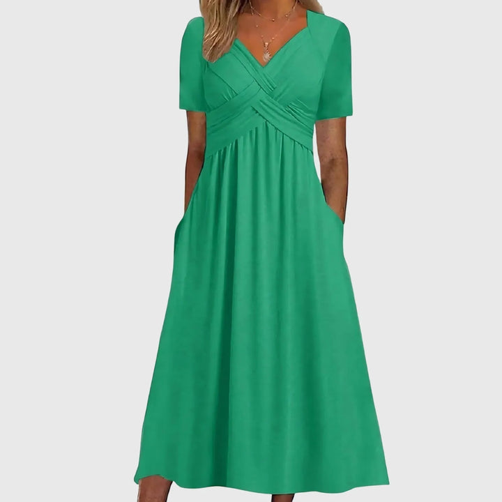 Women's Casual Flowy Midi Wedding Guest Dresses with V-Neck