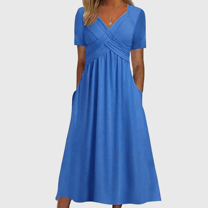 Women's Casual Flowy Midi Wedding Guest Dresses with V-Neck
