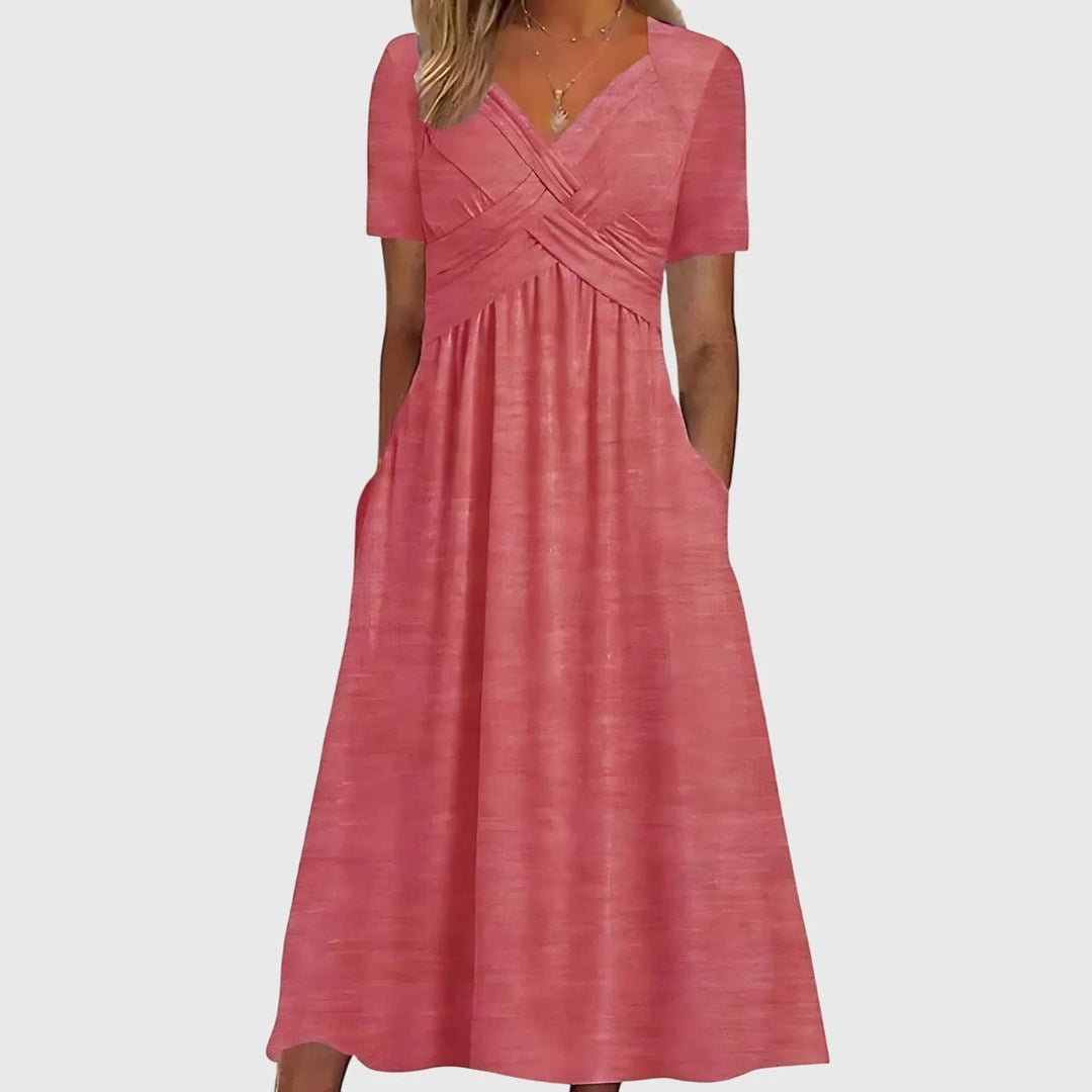 Women's Casual Flowy Midi Wedding Guest Dresses with V-Neck