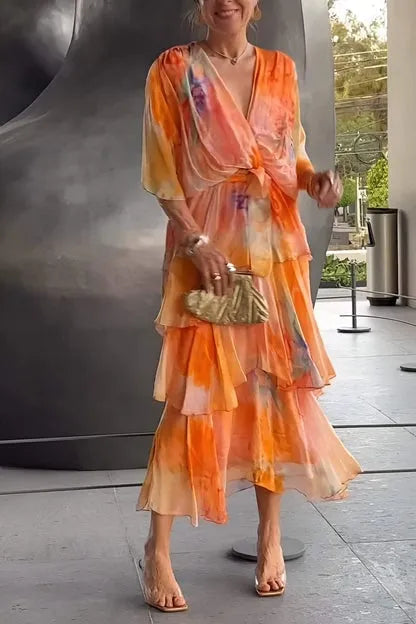 Women's Casual Flowy Midi Wedding Guest Dress with Flutter Sleeve
