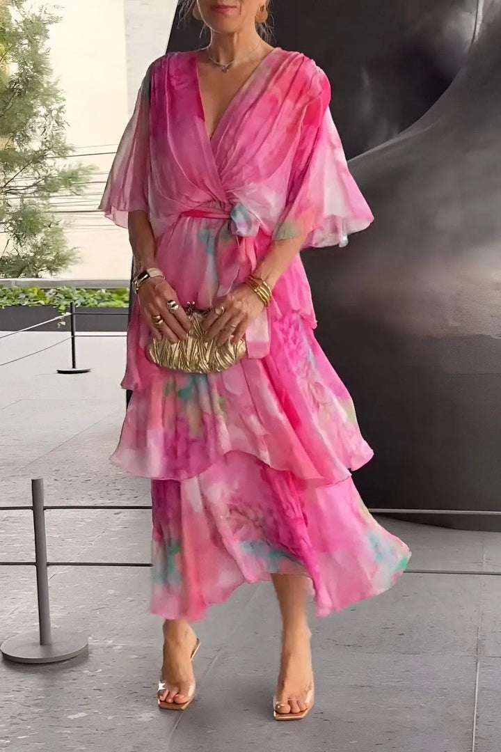 Women's Casual Flowy Midi Wedding Guest Dress with Flutter Sleeve