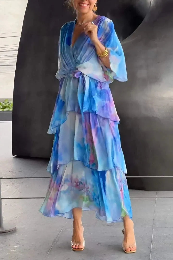 Women's Casual Flowy Midi Wedding Guest Dress with Flutter Sleeve