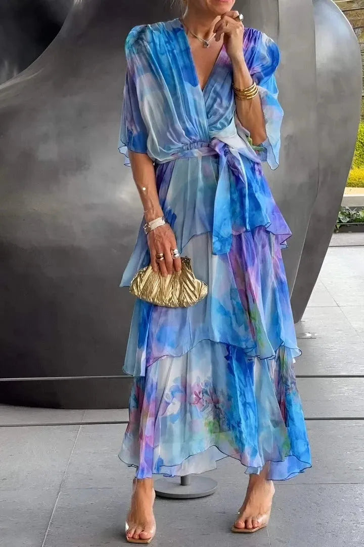 Women's Casual Flowy Midi Wedding Guest Dress with Flutter Sleeve