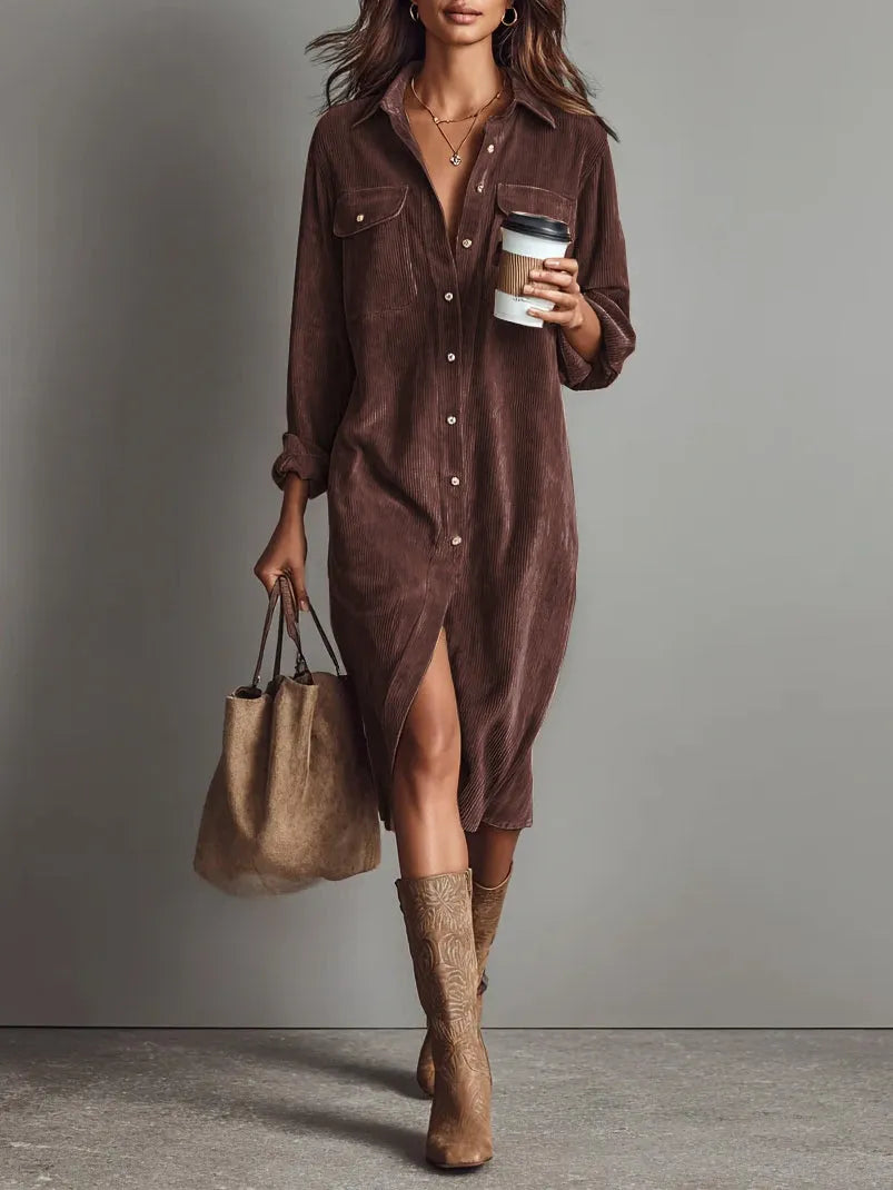 Women's Casual Long Sleeve Midi Dress with Pocket