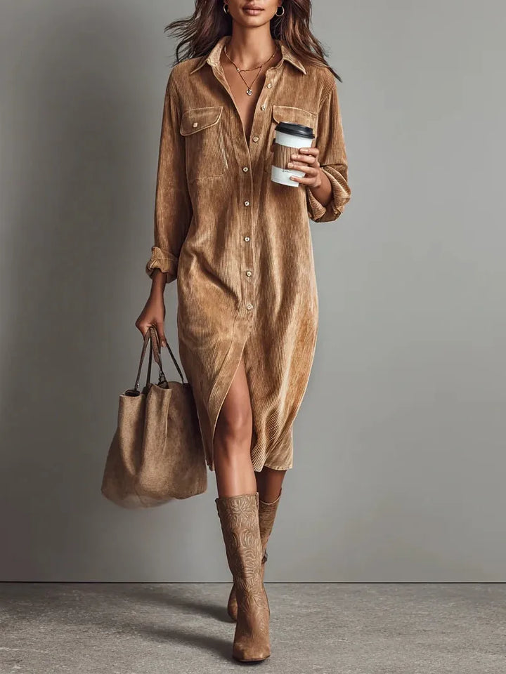 Women's Casual Long Sleeve Midi Dress with Pocket