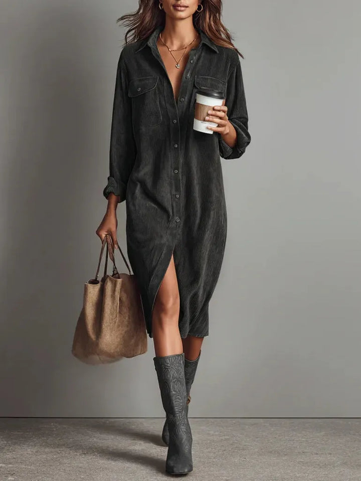 Women's Casual Long Sleeve Midi Dress with Pocket