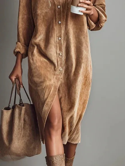 Women's Casual Long Sleeve Midi Dress with Pocket