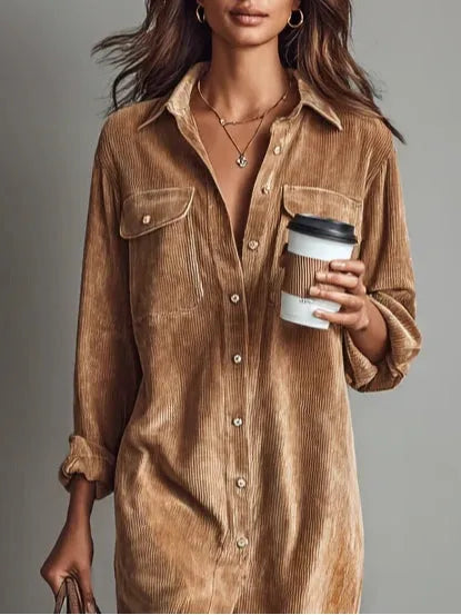 Women's Casual Long Sleeve Midi Dress with Pocket