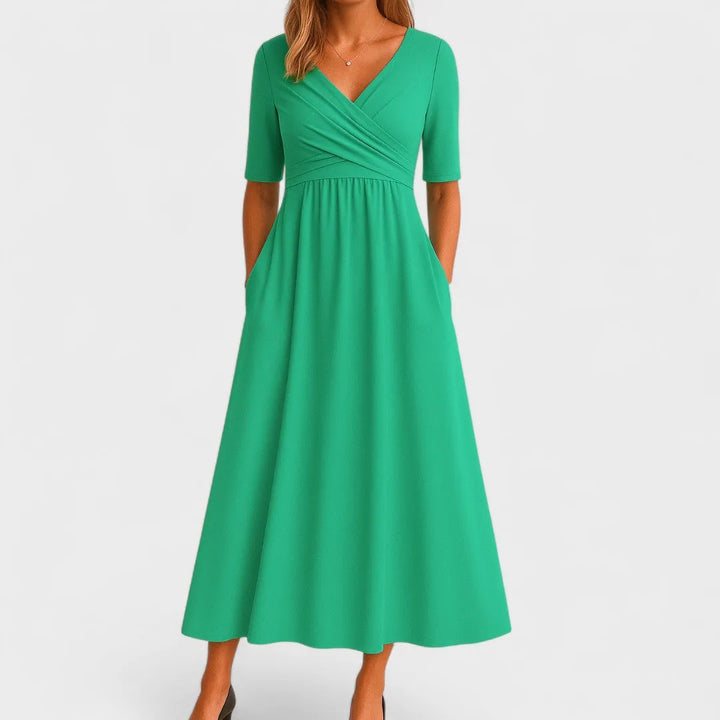 Women's Casual Midi Wedding Guest Dress with V-Neck