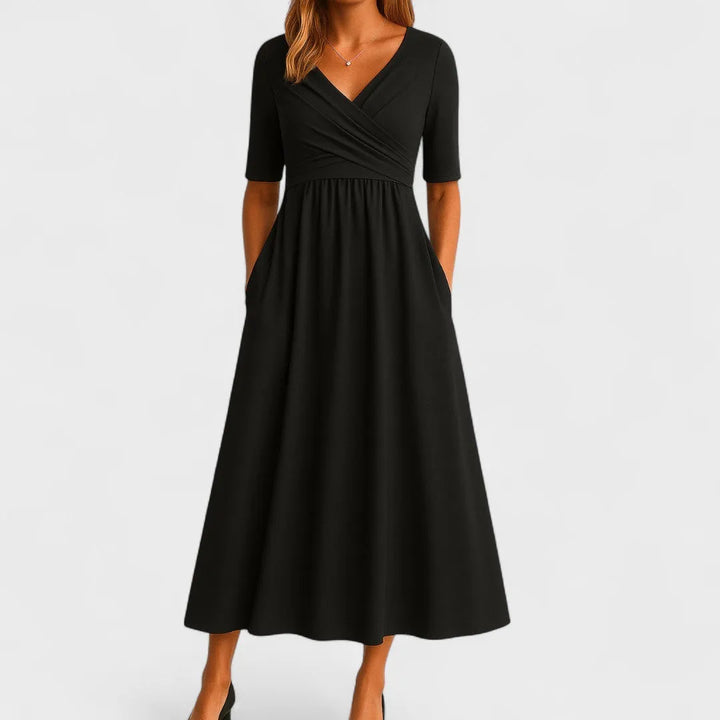 Women's Casual Midi Wedding Guest Dress with V-Neck