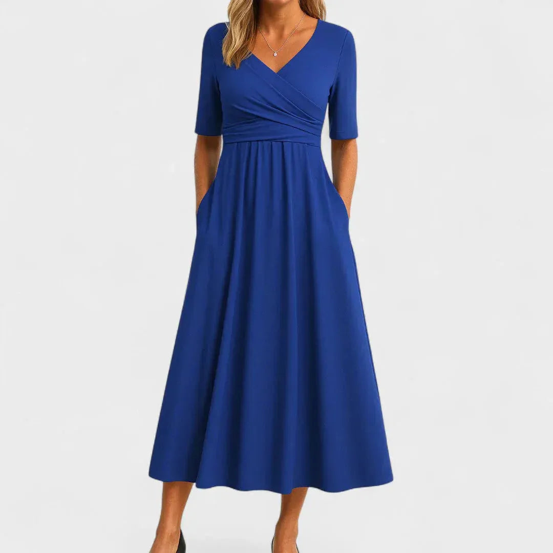 Women's Casual Midi Wedding Guest Dress with V-Neck