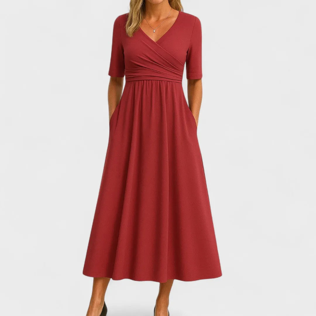 Women's Casual Midi Wedding Guest Dress with V-Neck