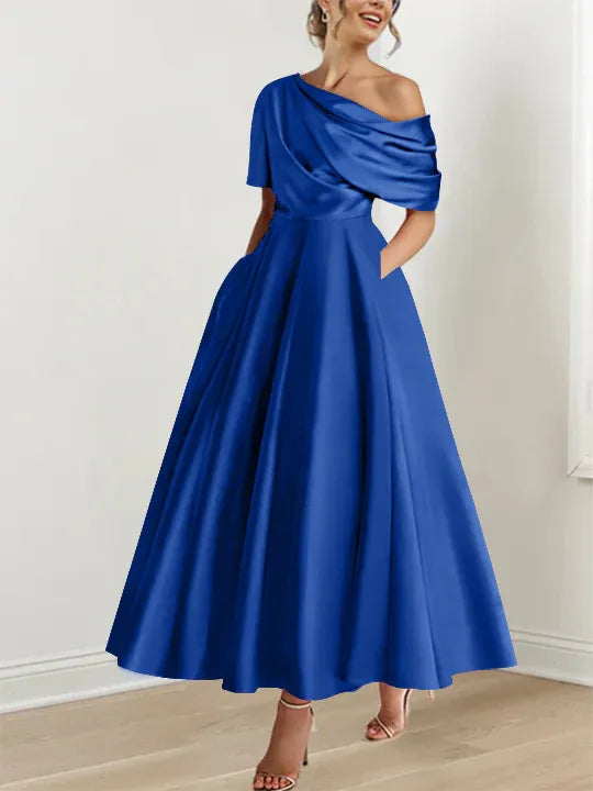 Women's Elegant A-Line Maxi Wedding Guest Dress with One Shoulder
