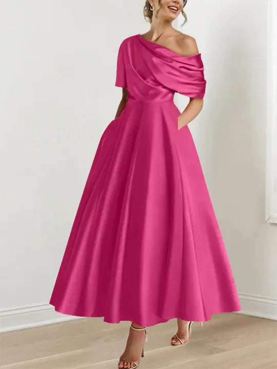 Women's Elegant A-Line Maxi Wedding Guest Dress with One Shoulder